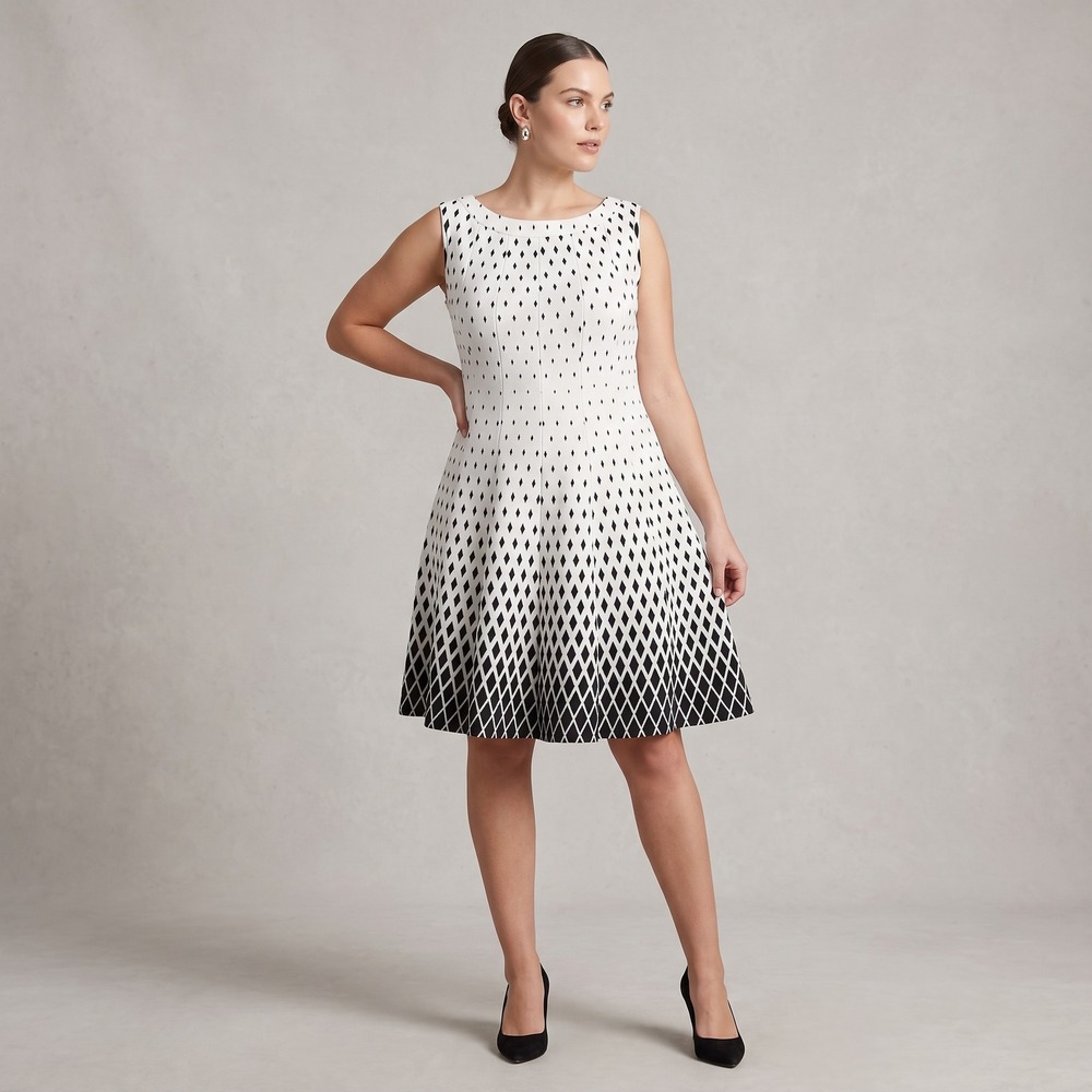 Haani Fit and Flare Dress Women PL White Black Excellent Diamond Print Textured